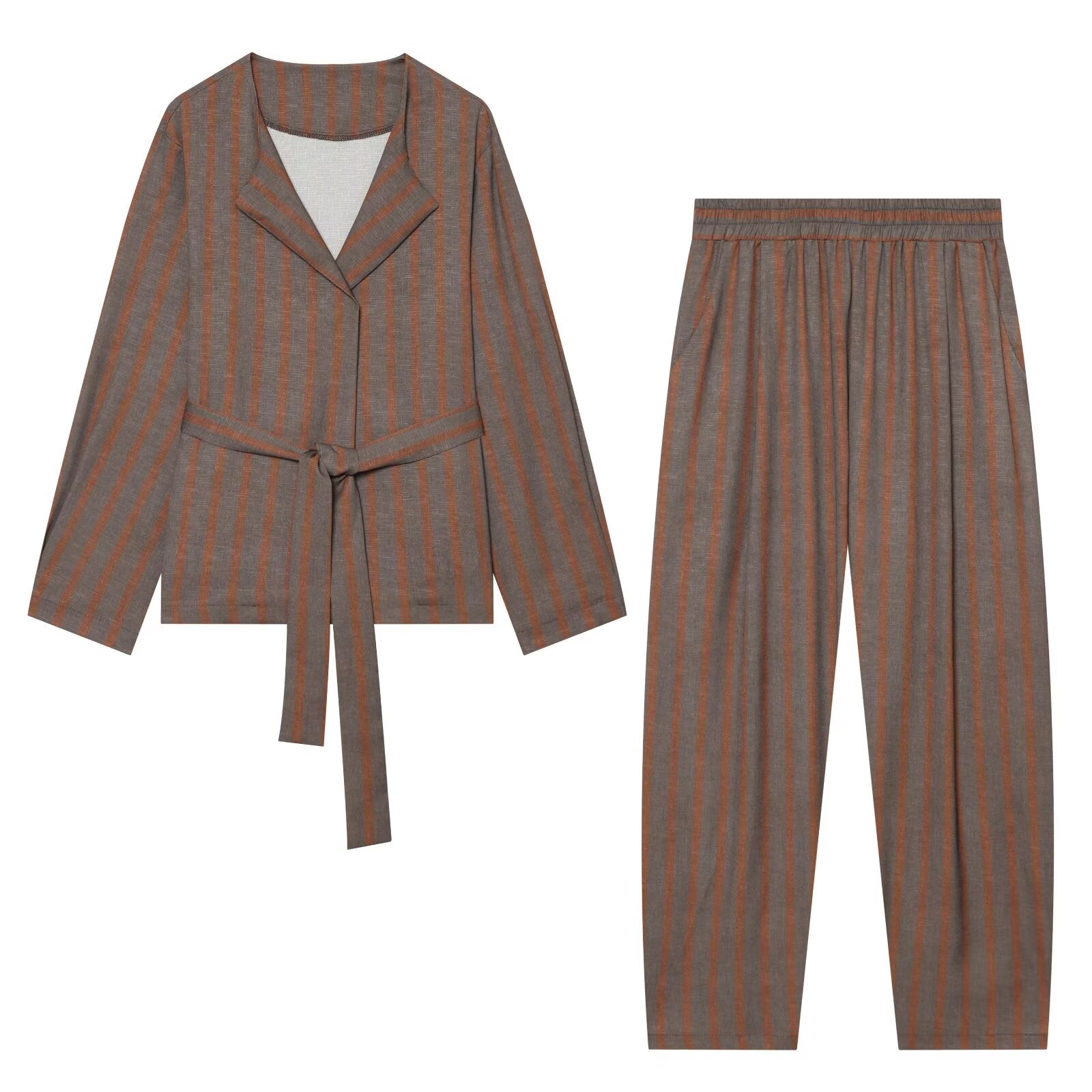 suit Women's 2 pieces with Belt linen blend striped Blazer Coat+Pants